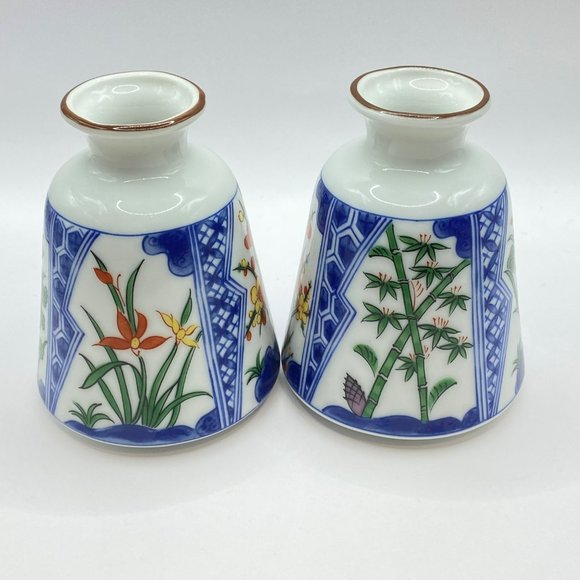 2 Floral Porcelain Japanese Flower Bud Vases Blue White Gold Toned Rim Small 4" - Picture 3 of 12